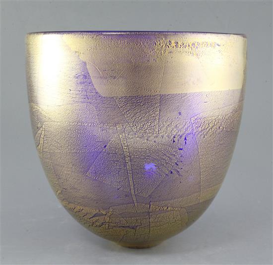 Brian Hirst, Australian b.1956. A gold foil decorated blue glass vase, c.1998, height 23.5cm diameter 24cm